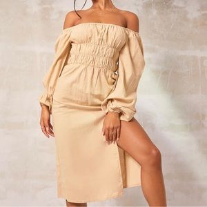 PrettyLittleThing Beige Off-Shoulder Midi Dress